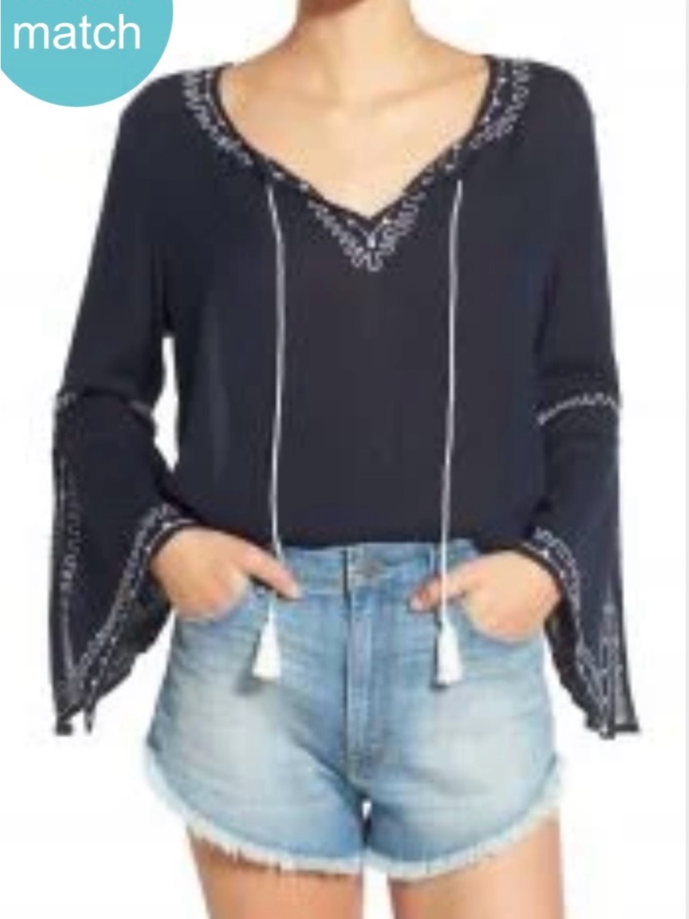 Hollister Navy Peasant Long-Sleeve Top with White Embroidery